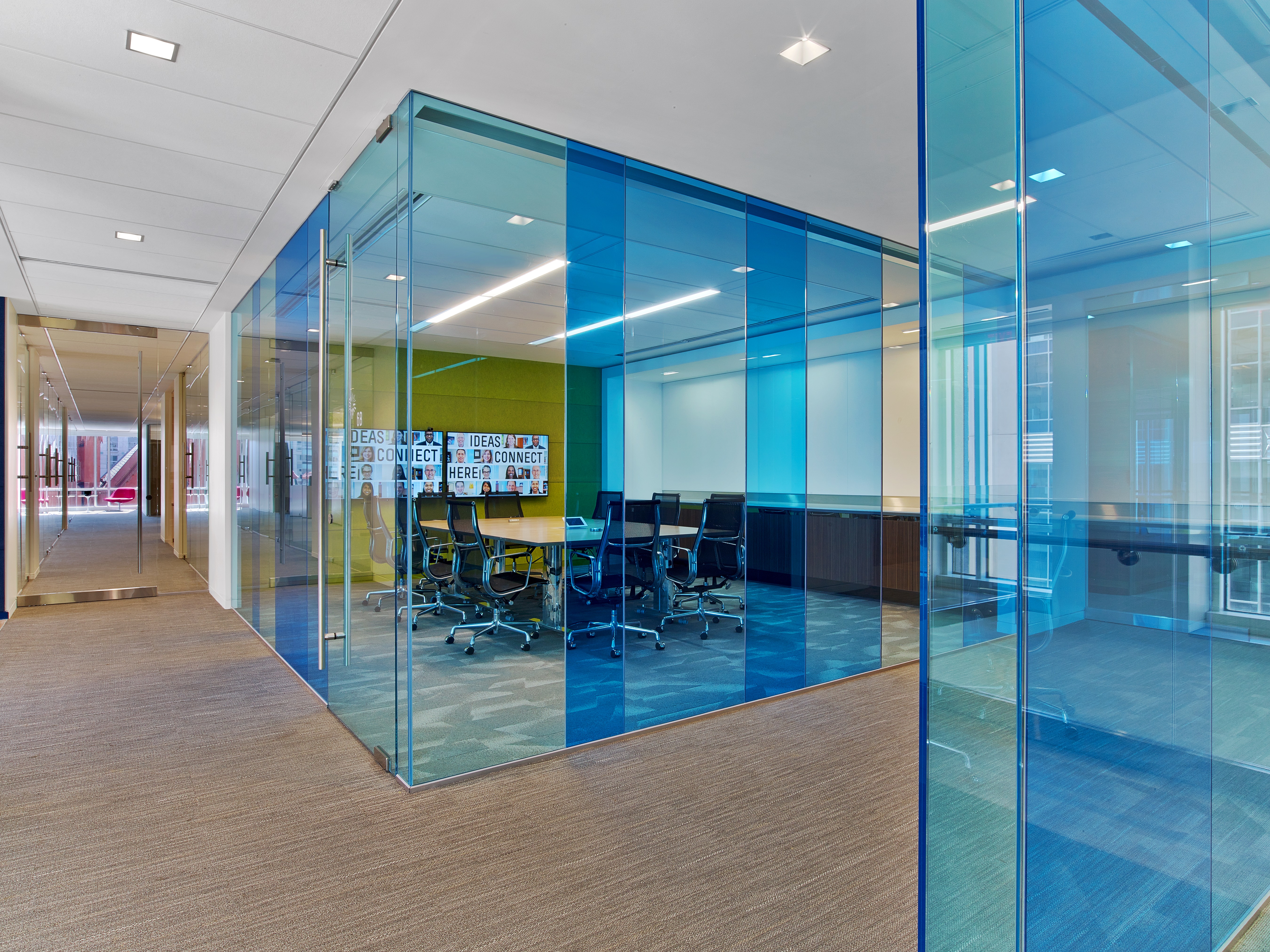 Creative and unique collaborative work space using combinations of clear and colorful custom